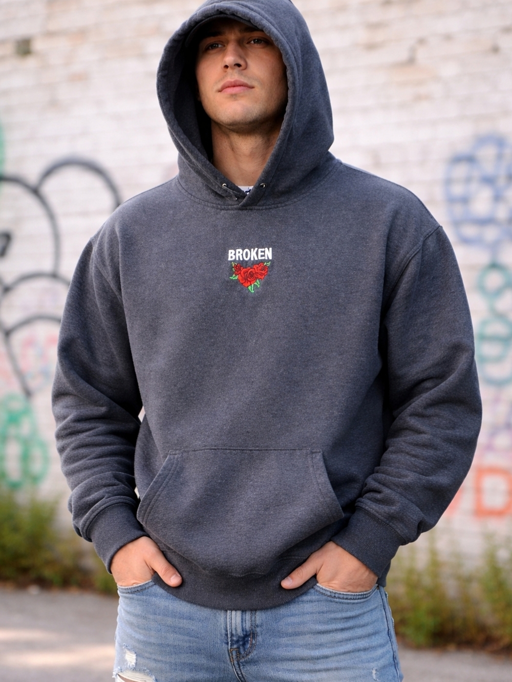 Broken Promises LA🌹BROKEN Charcoal Pullover Hoodie Kangaroo Pocket Sz L